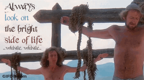 Two Naked Men Are Tied To A Fence With A Quote That Says Always Look On The Bright Side Of Life GIF