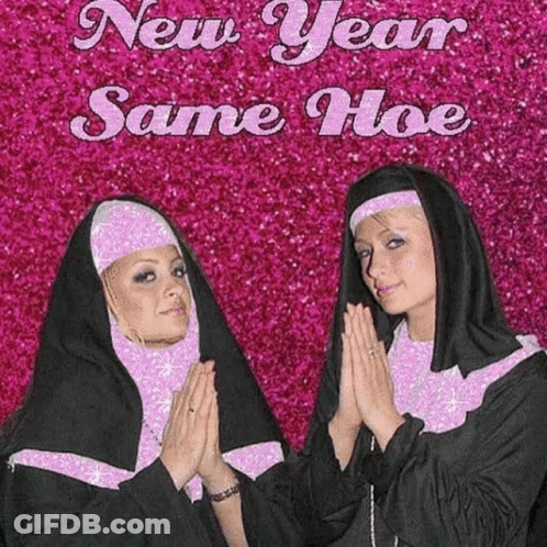 Two Nuns Praying In Front Of A Pink Background That Says New Year Same Hoe . GIF