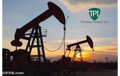 Two Oil Pumps Are Silhouetted Against A Sunset With A Timeless Protect Inc. Logo GIF