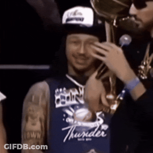 Two Oklahoma City Basketball Players Talking Into Microphones GIF