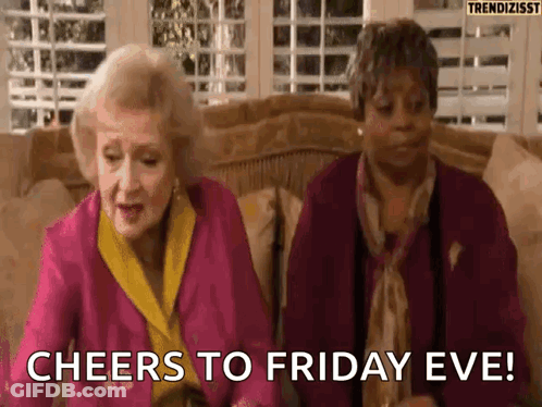 Two Older Women Cheers To Friday Eve On Couch GIF
