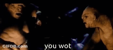 Two Orcs Are Standing Next To Each Other In A Dark Room With The Words `` You Wot '' Written In The Corner . GIF