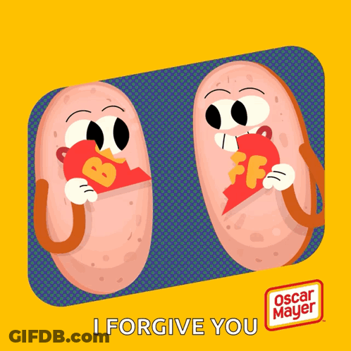 Two Oscar Mayer Sausages Holding Broken Heart Saying I Forgive You GIF