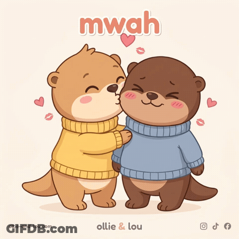 Two Otters In Sweaters Kissing Saying Mwah GIF