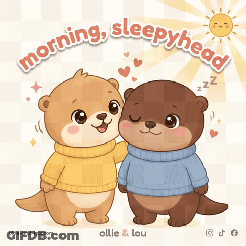 Two Otters Wearing Sweaters Saying Morning Sleepyhead GIF