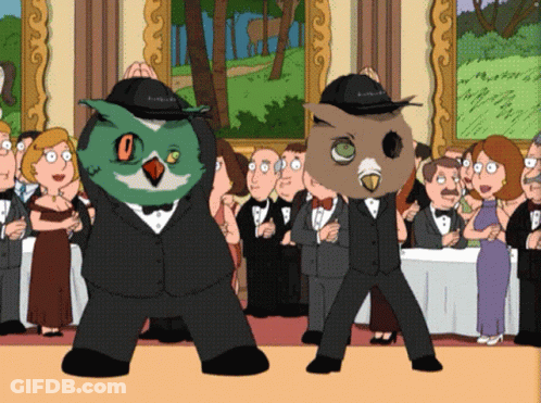 Two Owls In Tuxedos And Hats GIF