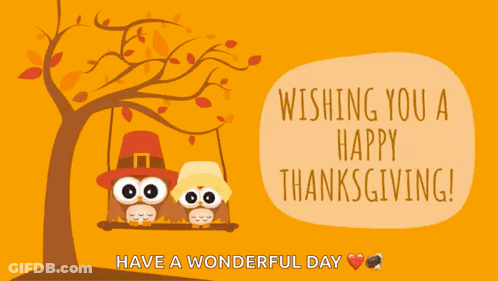 Two Owls On Swing Under Tree Thanksgiving Card GIF