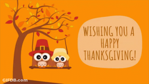 Two Owls On Swing Wishing Happy Thanksgiving GIF