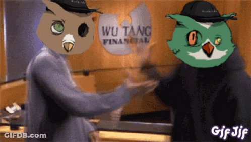 Two Owls Shaking Hands In Front Of WuTang Financial Sign GIF