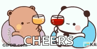 Two Panda Bears Are Sitting Next To Each Other Holding Wine Glasses And Cheering . GIF