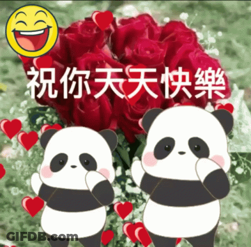 Two Panda Bears Are Standing In Front Of A Bouquet Of Red Roses And Hearts GIF