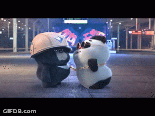 Two Panda Bears Are Standing Next To Each Other On A Street GIF