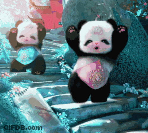 Two Panda Bears Are Standing On A Set Of Stairs With Their Hands In The Air GIF