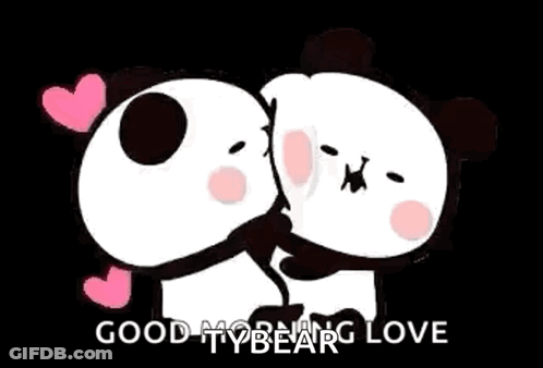 Two Panda Bears Hugging Each Other With Hearts On Their Heads And The Words `` Good Morning Love '' . GIF