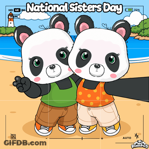 Two Panda Bears Taking A Selfie With The Words National Sisters Day On The Bottom GIF