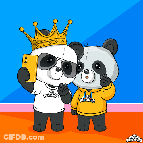 Two Panda Bears Wearing Pandapaws Shirts Pose For A Selfie GIF