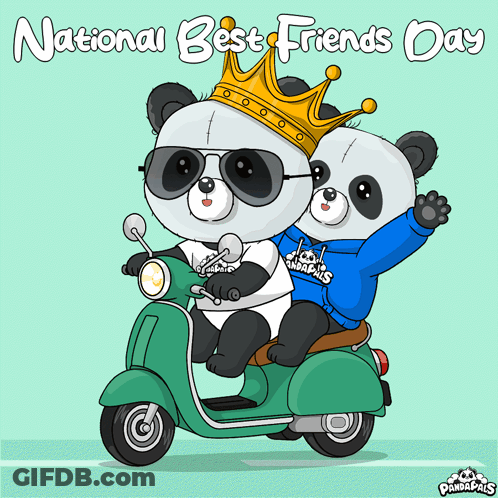 Two Panda Bears Wearing Sunglasses And A Crown Are Riding A Green Scooter GIF