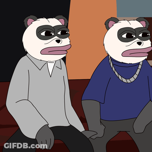 Two Pandas Sitting Together One In Blue Shirt GIF