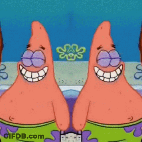 Two Patrick Star Characters From Spongebob Squarepants Are Standing Next To Each Other And Smiling GIF
