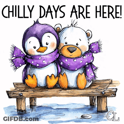 Two Penguins And Polar Bear Sitting On Dock Chilly Days Are Here GIF