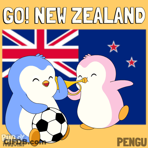 Two Penguins Are Blowing Horns In Front Of A Flag With The Words Go New Zealand GIF