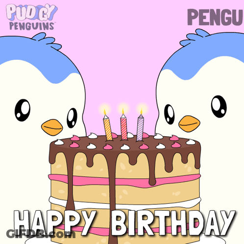 Two Penguins Are Celebrating A Birthday With A Cake With Candles On It GIF
