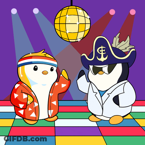 Two Penguins Are Dancing In Front Of A Disco Ball And One Has An Anchor On His Hat GIF