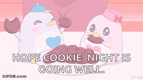 Two Penguins Are Eating Cookies From A Plate And The Words Hope Cookie Night Is Going Well GIF