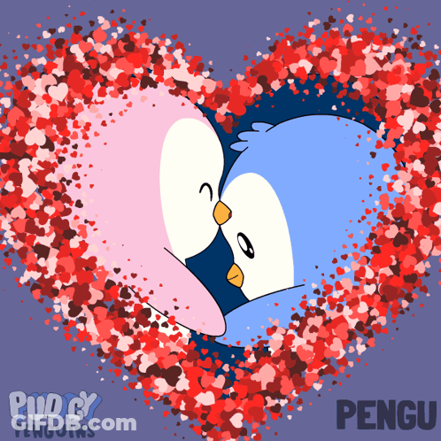 Two Penguins Are Kissing In A Heart Made Of Hearts And The Word Pengu Is On The Bottom GIF