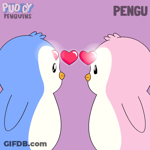 Two Penguins Are Kissing With Hearts In Their Eyes And The Name Pengu Is On The Bottom GIF