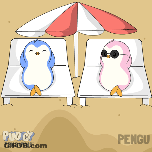 Two Penguins Are Laying On A Beach Under An Umbrella And The Word Pengu Is On The Bottom Right GIF