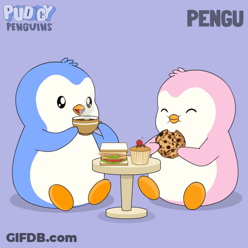 Two Penguins Are Sitting At A Table Drinking Coffee And Eating Cookies And Cupcakes GIF
