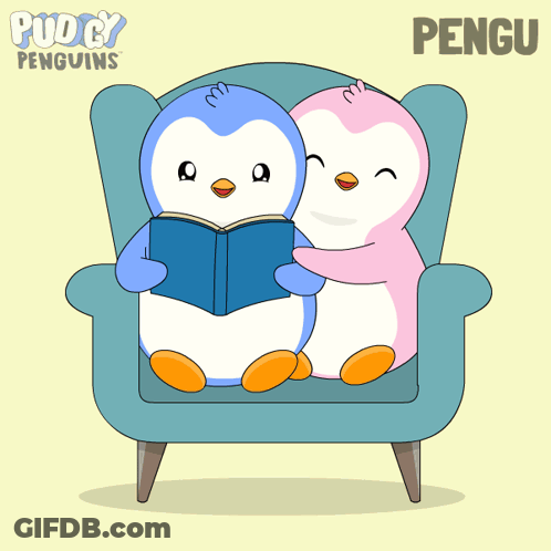 Two Penguins Are Sitting On A Couch Reading A Book With The Word Pengu On The Bottom GIF