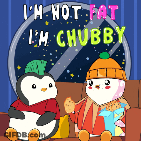 Two Penguins Are Sitting On A Couch With The Words I 'M Not Fat I 'M Chubby GIF