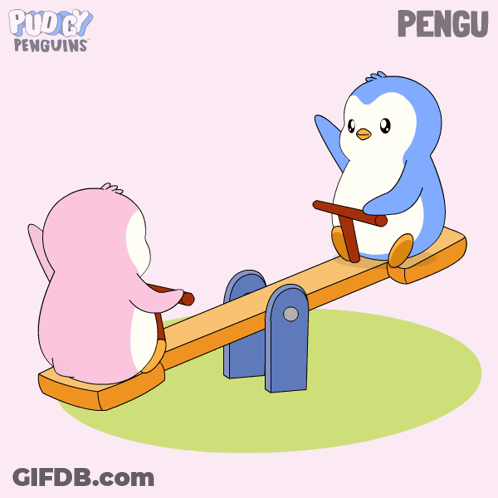Two Penguins Are Sitting On A Seesaw With The Words Puddy Penguins Behind Them GIF