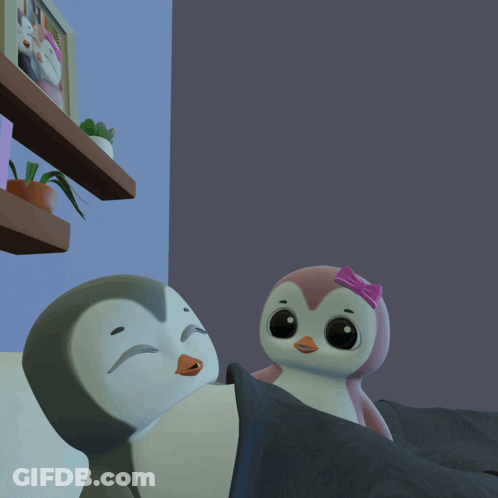 Two Penguins Are Sleeping In A Bed With The Words Good Night Written Above Them GIF