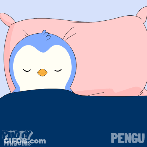 Two Penguins Are Sleeping In A Bed With The Words Puddy Penguins Written On The Bottom GIF