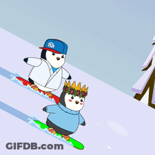 Two Penguins Are Snowboarding Down A Snow Covered Slope GIF