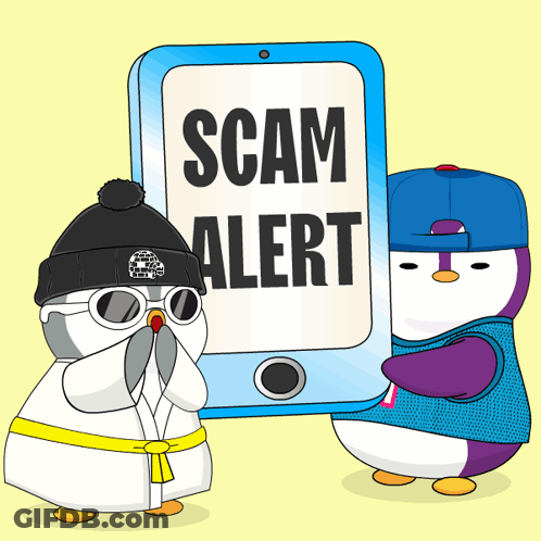 Two Penguins Are Standing In Front Of A Scam Alert Sign GIF