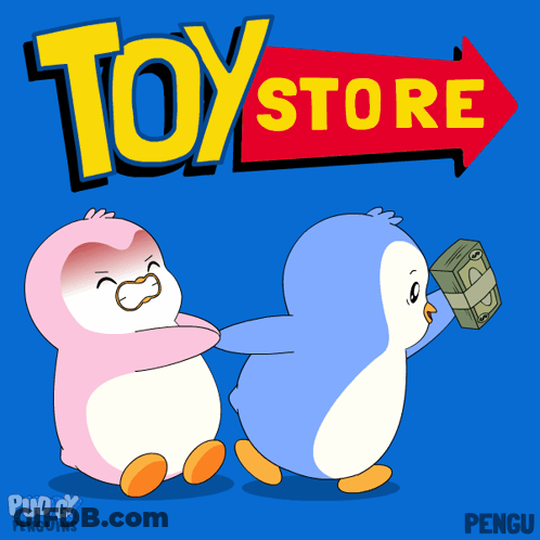 Two Penguins Are Standing In Front Of A Sign That Says Toy Store GIF