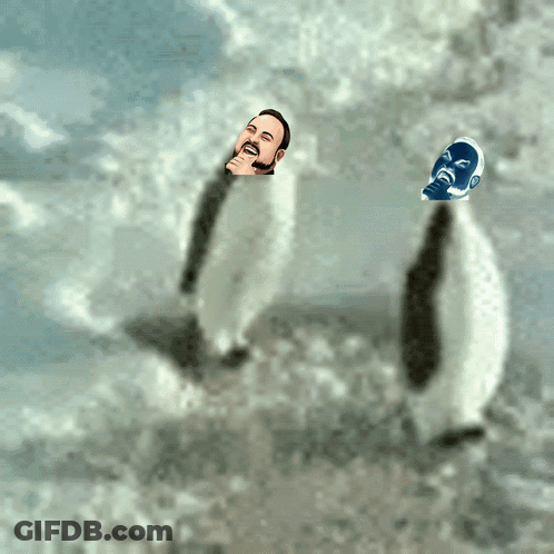 Two Penguins Are Standing Next To Each Other And One Has A Blue Face On It GIF