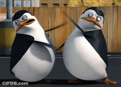 Two Penguins Are Standing Next To Each Other And One Has A Sword In Its Beak GIF