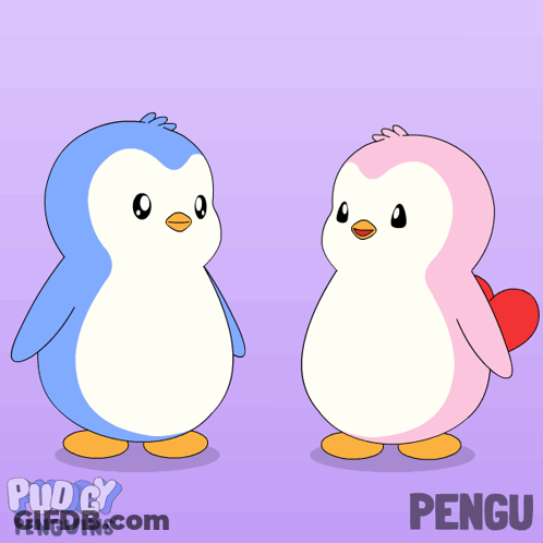 Two Penguins Are Standing Next To Each Other And One Of Them Is Holding A Red Heart And The Word Pengu Is On The Bottom GIF
