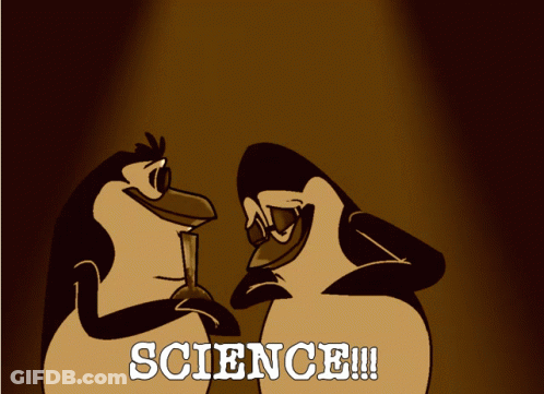 Two Penguins Are Standing Next To Each Other And The Word Science Is Visible GIF