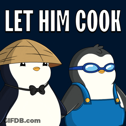 Two Penguins Are Standing Next To Each Other And The Words Let Him Cook Are Above Them GIF