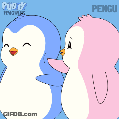 Two Penguins Are Standing Next To Each Other In A Puddy Penguins Ad GIF