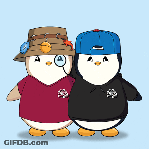 Two Penguins Standing, One Wearing Hat And Hoodie GIF