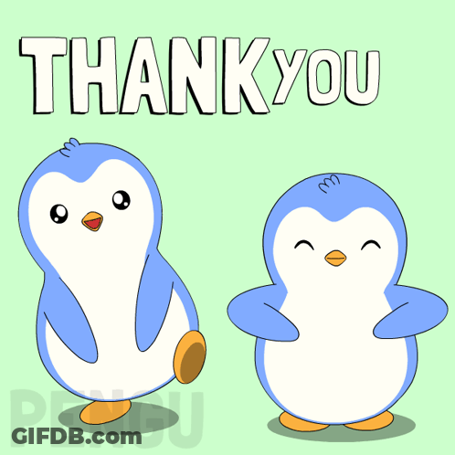 Two Penguins Are Standing Next To Each Other With The Words Thank You Above Them GIF
