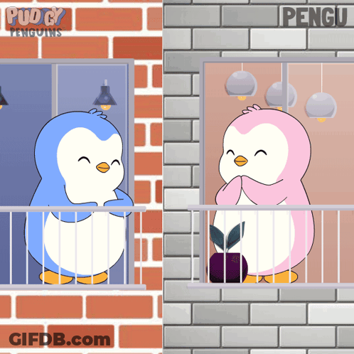 Two Penguins Are Standing On A Balcony With A Brick Wall In The Background GIF