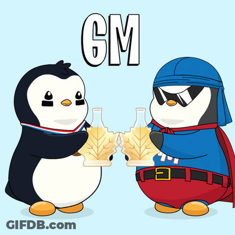 Two Penguins Are Toasting With Maple Leaves And The Word Gm Is Above Them GIF